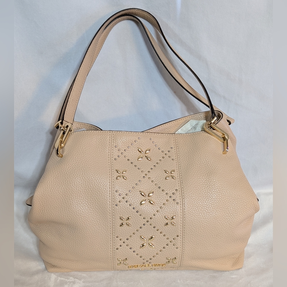 Michael Kors Beige Leighton Large Studded Pebbled Leather Shoulder Bag